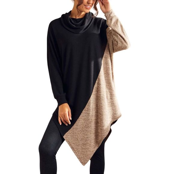Simple by Suzanne Betro Black&Camel Color Block Cowl Neck Poncho Size L - Picture 3 of 5